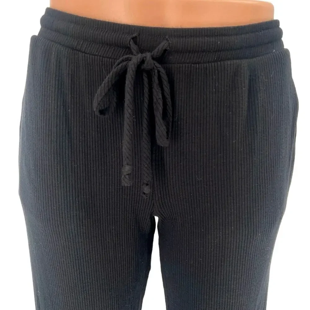 Aqua Black Ribbed Mid Rise Drawstring Cropped Relaxed Lounge Sweat Pants Size S